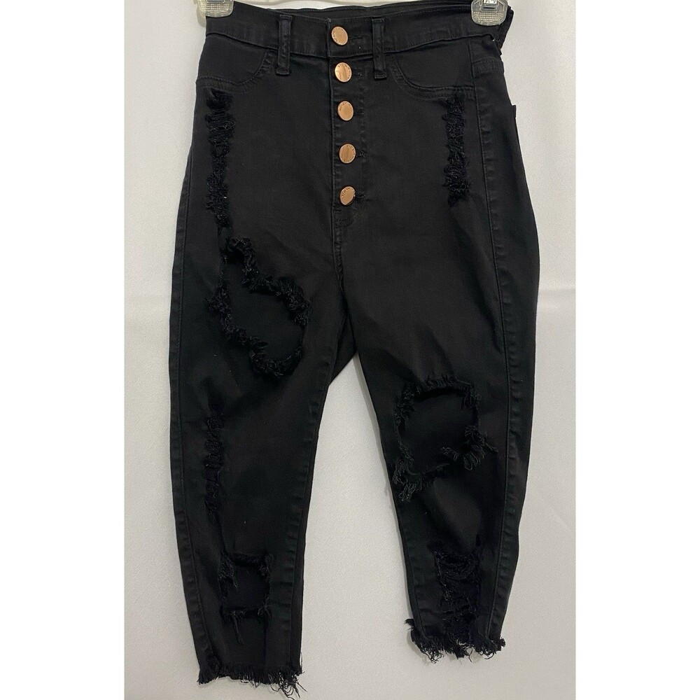 Vibrant Womens Size 1 W24 Black Distressed High Rise Button Fly Capri Jeans